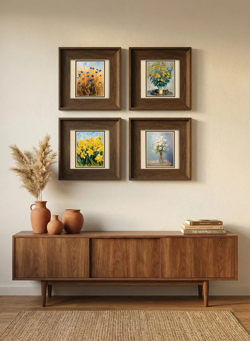 LOWHA Set of 4 Canvas Wall Art Stretched Over Wooden Frame with Vintage Brown Floating Frame and Fresh Floral Design